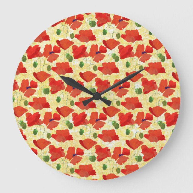 Red Field Poppies on Cornfield Yellow Wall Clock (Front)