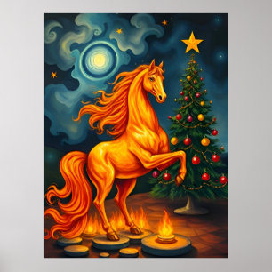 Red Fiery Horse at the Christmas Tree & Moon Poster