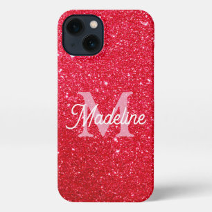 Red Fiery Sparkling Glitter Monogrammed    iPhone 13 Case