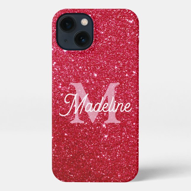 Red Fiery Sparkling Glitter Monogrammed    iPhone Case (Back)