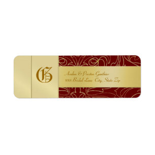 Red Filigree Gold Monogram Wedding Address Label