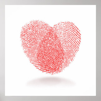 red fingerprint heart shape on white background poster