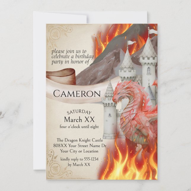 Red Fire Dragon and Castle Fantasy Party Invitation (Front)