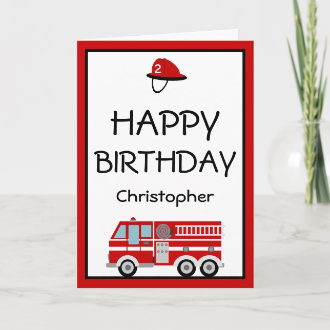 Red Fire Engine and Hat Birthday Card (Front)