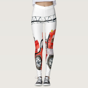 Red fire engine, fire truck illustration leggings