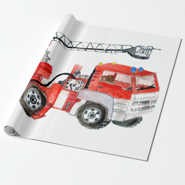 Red fire engine, fire truck illustration wrapping paper (Unrolled)