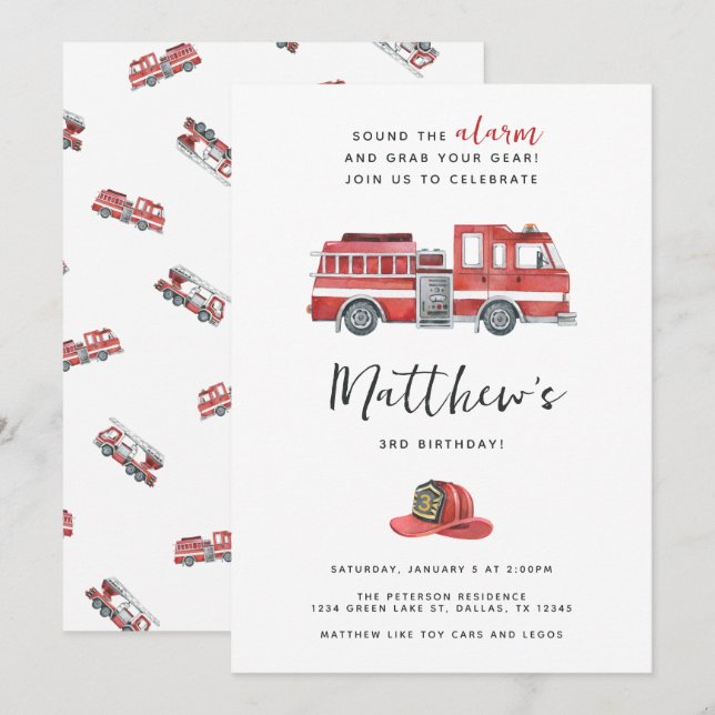 Red Fire Engine Truck Birthday Party Invitation (Front/Back)