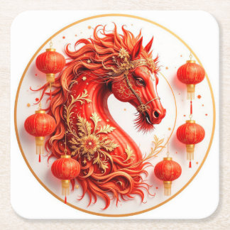 Red Fire Horse – 2026 New Year Celebration Design  Square Paper Coaster