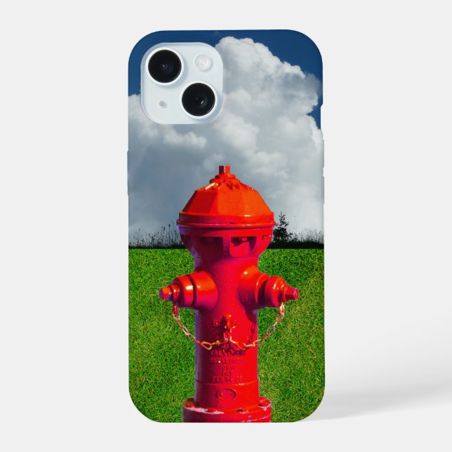 Red Fire Hydrant, Grass, Cloudy Sky iPhone 15 Case (Back)