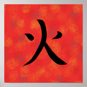 Red Fire Kanji Japanese Calligraphy Poster