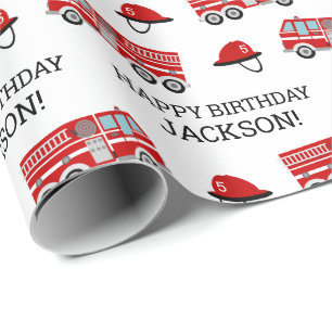 Red Fire Truck and Hat Personalized Birthday Wrapping Paper