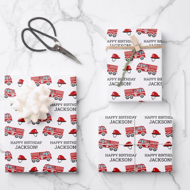 Red Fire Truck and Hat Personalized Birthday Wrapping Paper Sheet (Front)