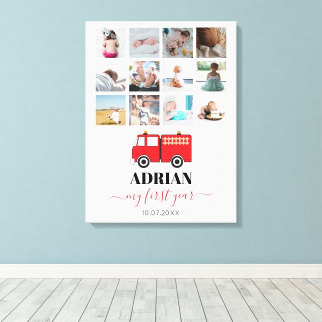 Red Fire Truck Baby First Year Photo Collage Canvas Print (Insitu(Wood Floor))