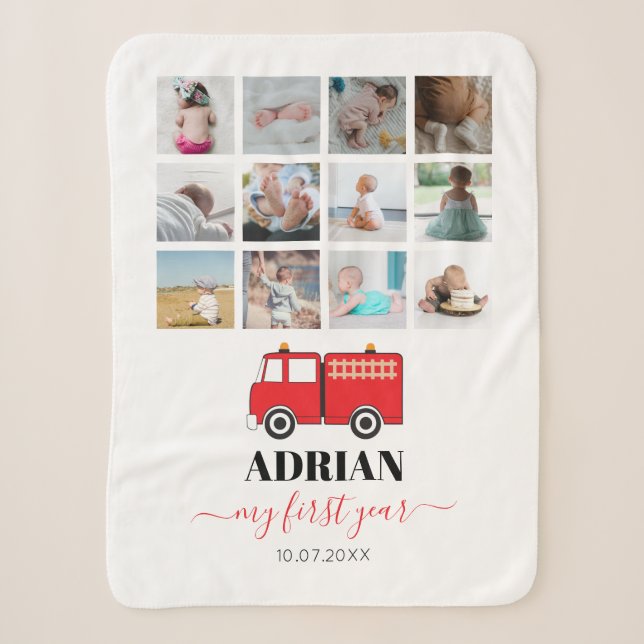 Red Fire Truck Baby First Year Photo Collage Sherpa Blanket (Front)