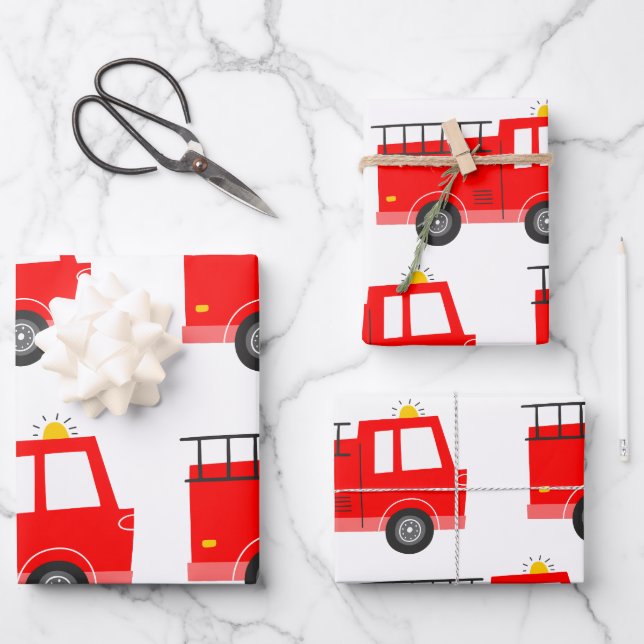 Red Fire Truck Birthday Wrapping Paper Sheet (Front)