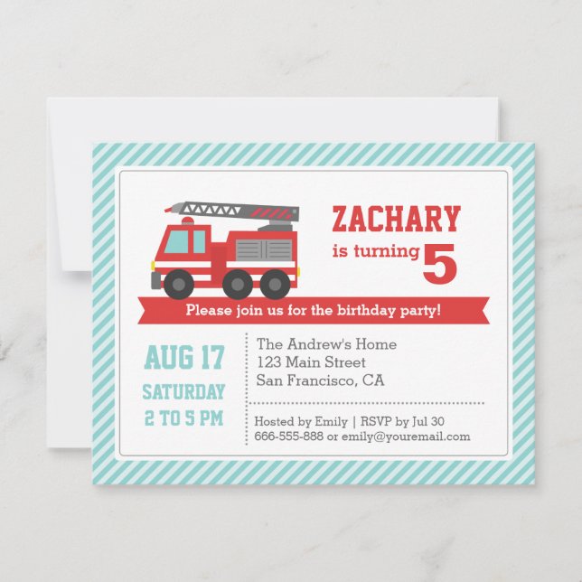 Red Fire Truck Boy Birthday Party Invitation (Front)