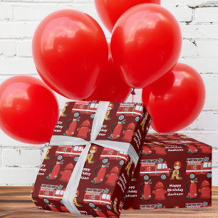 Red Fire Truck Custom Kids Firefighting Birthday Wrapping Paper