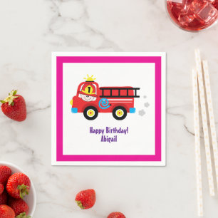 Red Fire Truck Engine Firefighter Cartoon Design Napkin