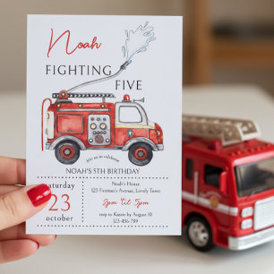 Red Fire Truck Fighting Five 5th Birthday Invitation