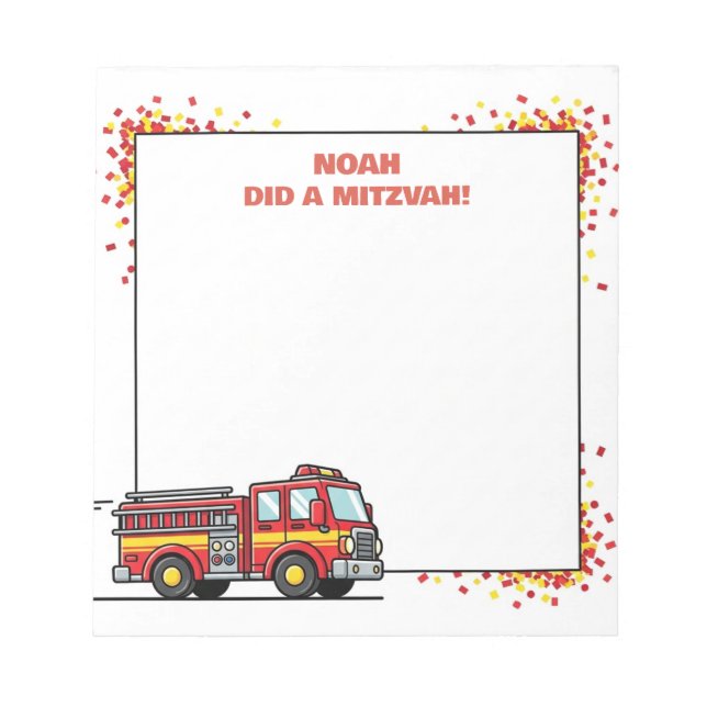 Red Fire Truck Firetruck Personalized Mitzvah  Notepad (Front)