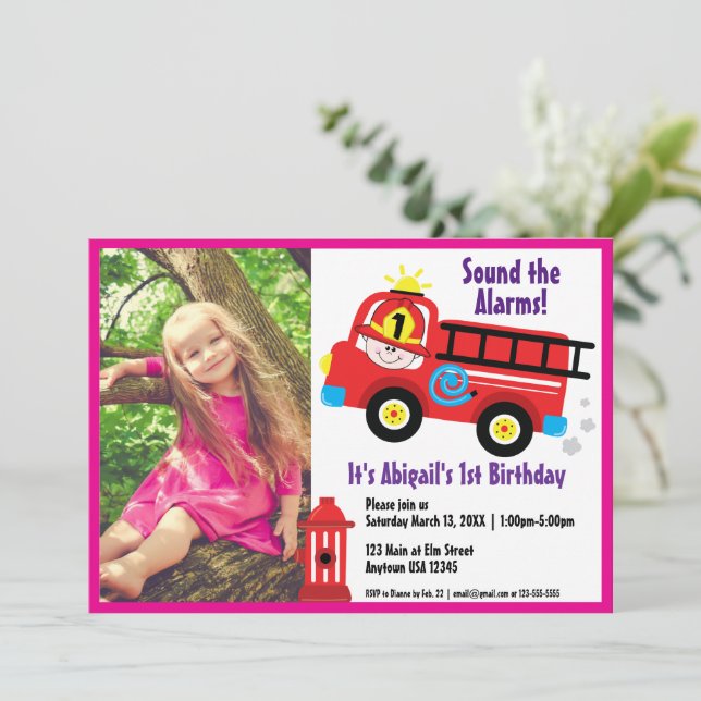 Red Fire Truck Happy Fireman Cute Cartoon Drawing Invitation (Standing Front)