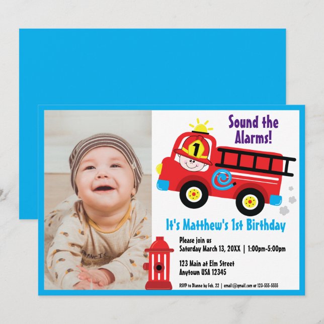 Red Fire Truck Happy Fireman Cute Cartoon Drawing Invitation (Front/Back)