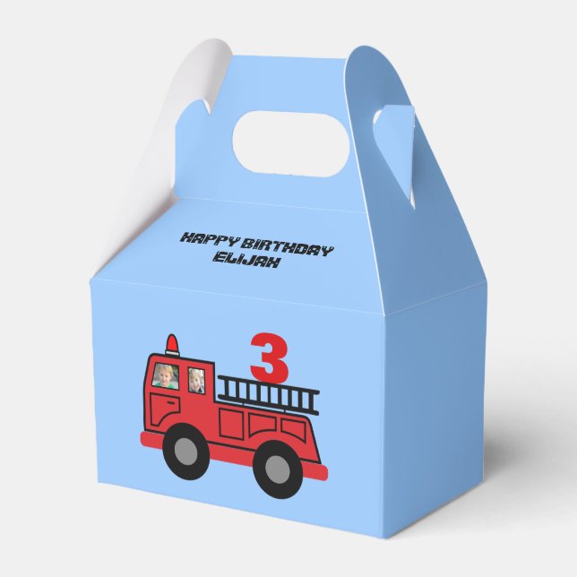 Red Fire Truck Kid's Birthday Photo Custom Favor Box (Front Side)