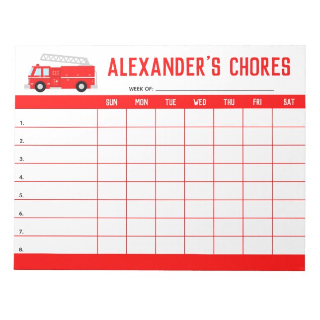 Red Fire Truck Kids Chore Chart Notepad (Front)