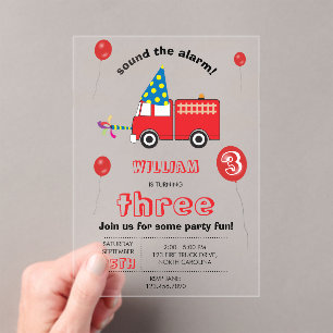 Red Fire Truck Kids Firefighter Birthday Party  Acrylic Invitations