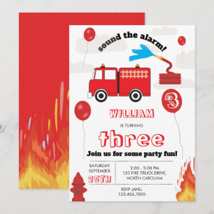 Red Fire Truck Kids Firefighter Birthday Party  Invitation
