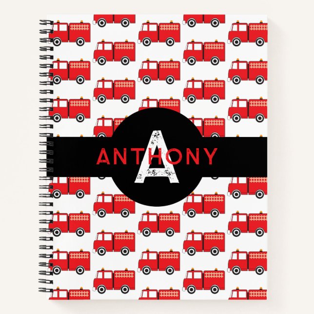 Red Fire Truck Kids Monogram Name School Notebook (Front)