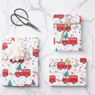 Red Fire Truck Party Pattern Wrapping Paper Sheet