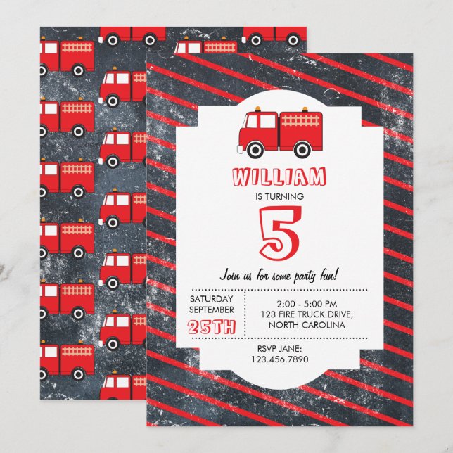 Red Fire Truck Pattern Birthday Invitation (Front/Back)