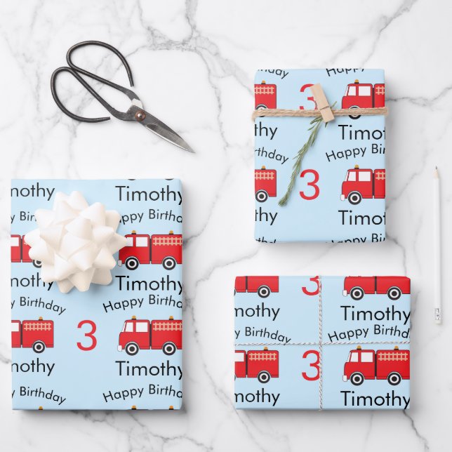 Red Fire Truck Pattern Boy's Name & Age Birthday Wrapping Paper Sheet (Front)