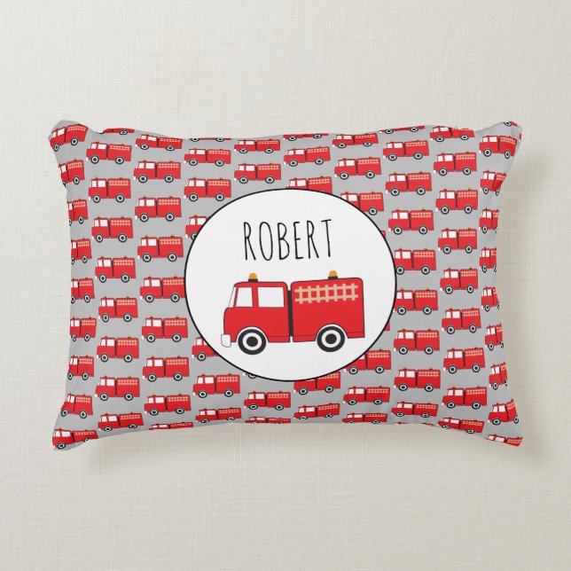 Red Fire Truck Pattern Customized Boys Name Accent Pillow (Front)
