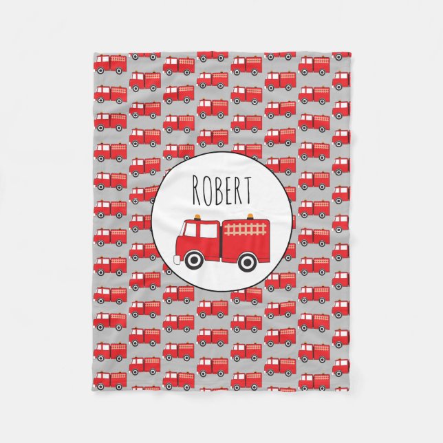 Red Fire Truck Pattern Customized Boys Name Fleece Blanket (Front)