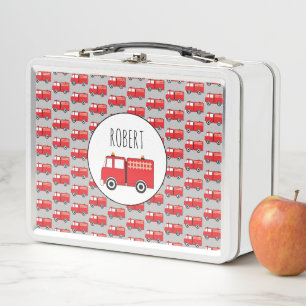 Red Fire Truck Pattern Customized Boys Name  Metal Lunch Box
