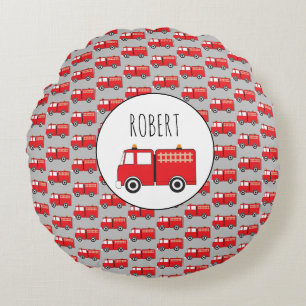 Red Fire Truck Pattern Customized Boys Name Round Pillow