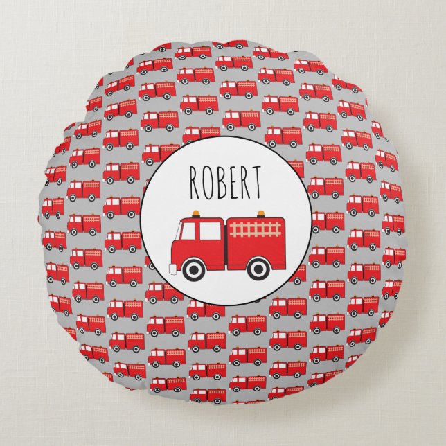 Red Fire Truck Pattern Customized Boys Name Round Pillow (Front)