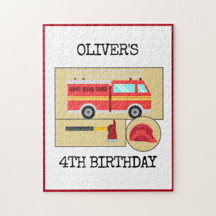 Red Fire Truck Theme Kids Birthday Party Poster Jigsaw Puzzle