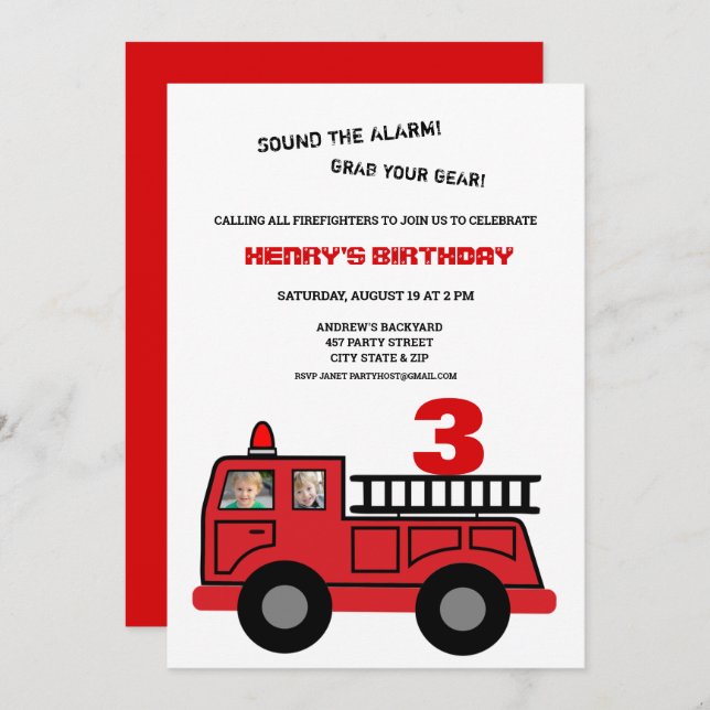 Red Fire Truck Two Photo Birthday Invitation (Front/Back)