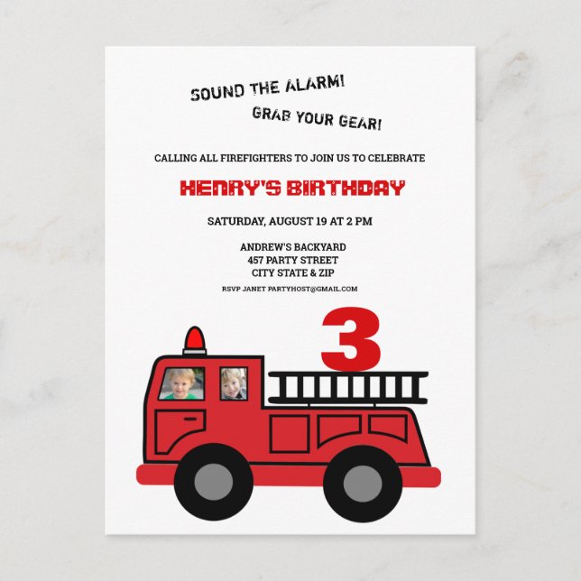 Red Fire truck two photo Birthday Party Invitation Postcard (Front)