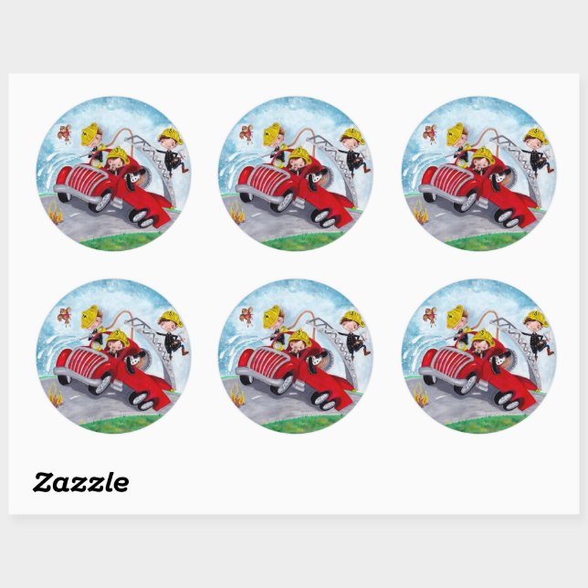 Red fire truck with cute firefighters boys classic round sticker (Sheet)
