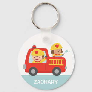 Red Fire Truck with Fire fighter Boy and Puppy Keychain