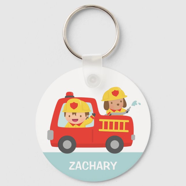 Red Fire Truck with Fire fighter Boy and Puppy Keychain (Front)