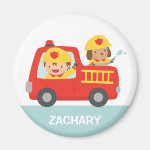 Red Fire Truck with Fire fighter Boy and Puppy Magnet