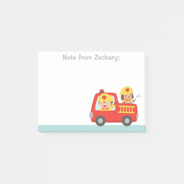 Red Fire Truck with Fire fighter Boy and Puppy Post-it Notes (Front)