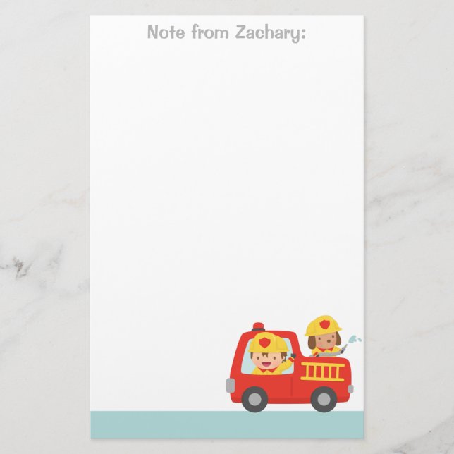 Red Fire Truck with Fire fighter Boy and Puppy Stationery (Front)