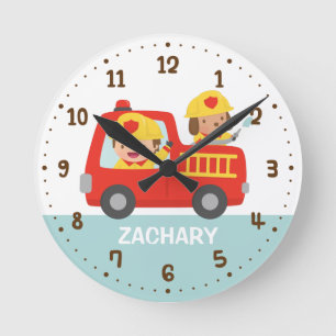 Red Fire Truck with Fire fighter Boys Room Decor Round Clock