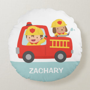 Red Fire Truck with Fire fighter Boys Room Decor Round Pillow